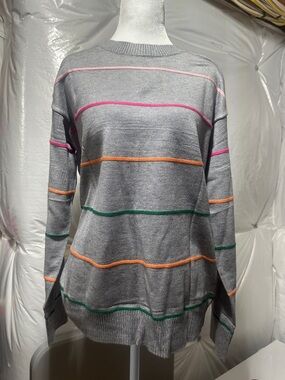 Source Unknown Gray Crewneck Sweater with Pink, Orange & Green Stripes